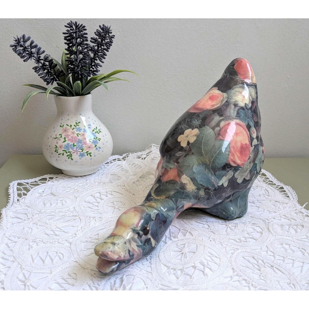 Vintage Floral Duck Figurine, Decoupage Style Bird Decor, Cottagecore Home Decor